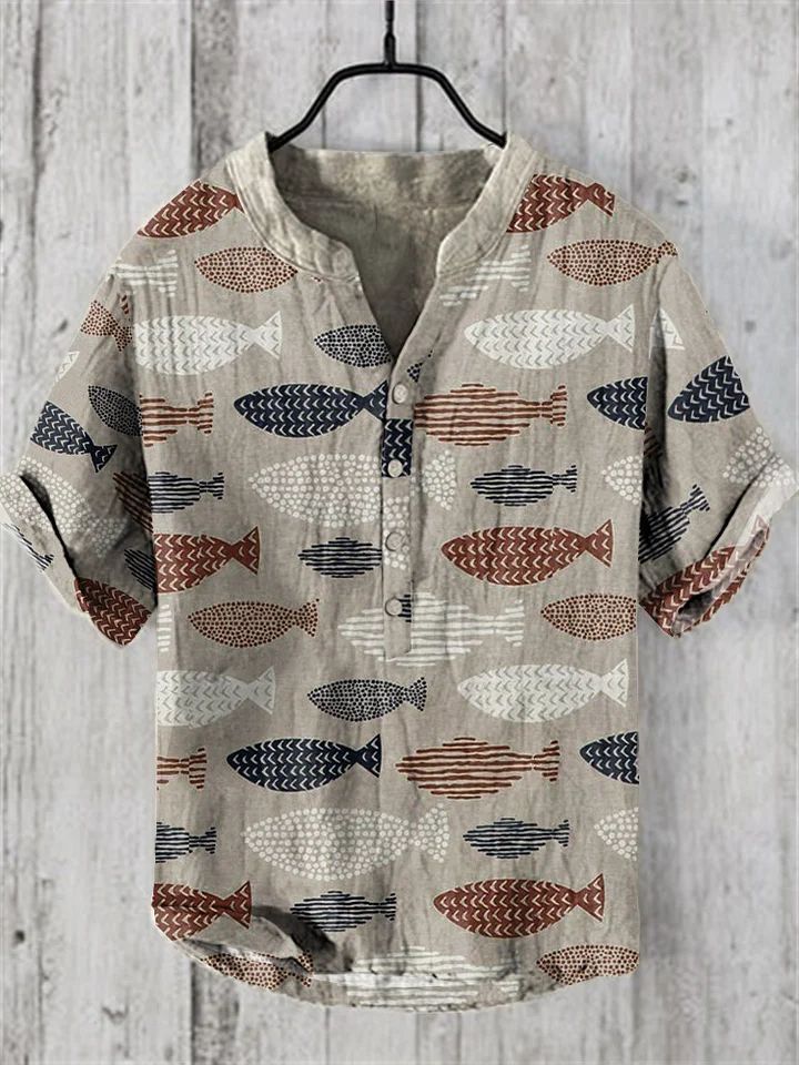 Retro Personalized Printed Casual Short-sleeved Linen Shirt Men's Loose Comfortable Shirt