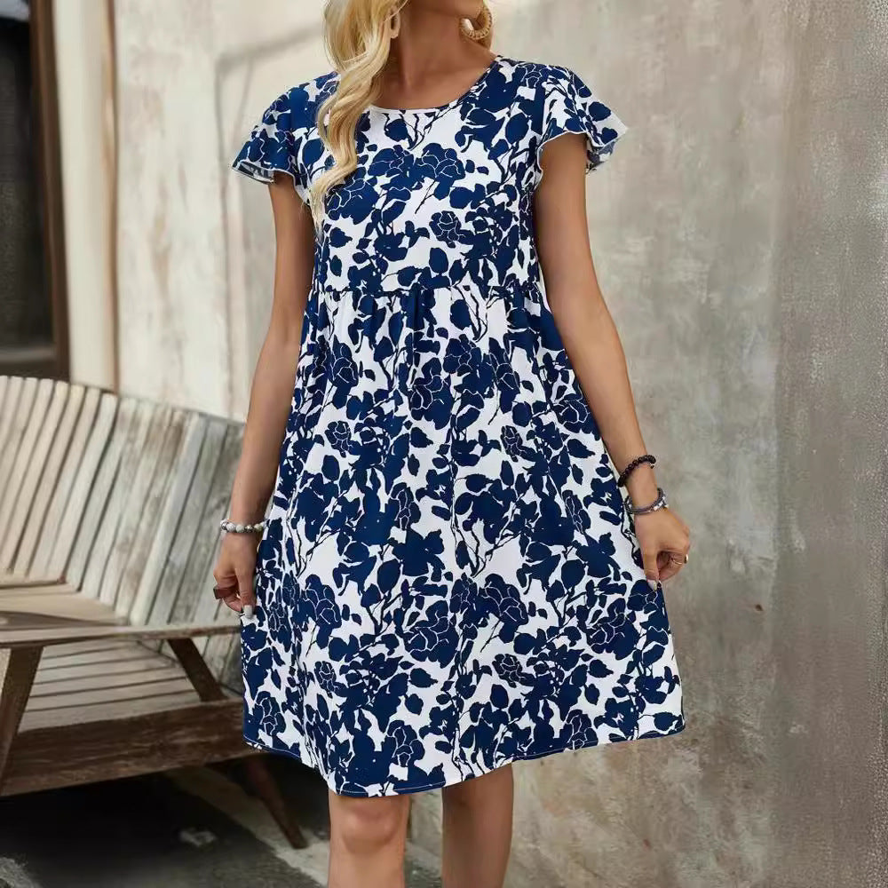 V-neck Ruffle Printed Dress Women