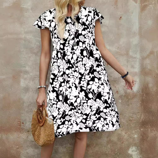 V-neck Ruffle Printed Dress Women