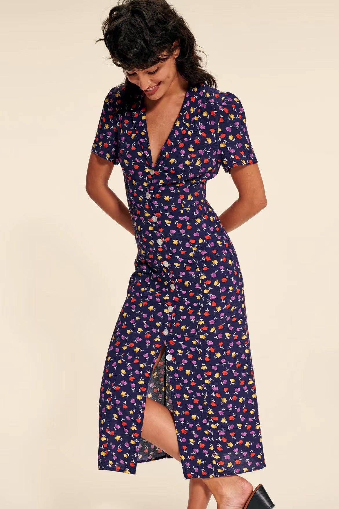 Pastoral Floral Front Tea Break Long Dress