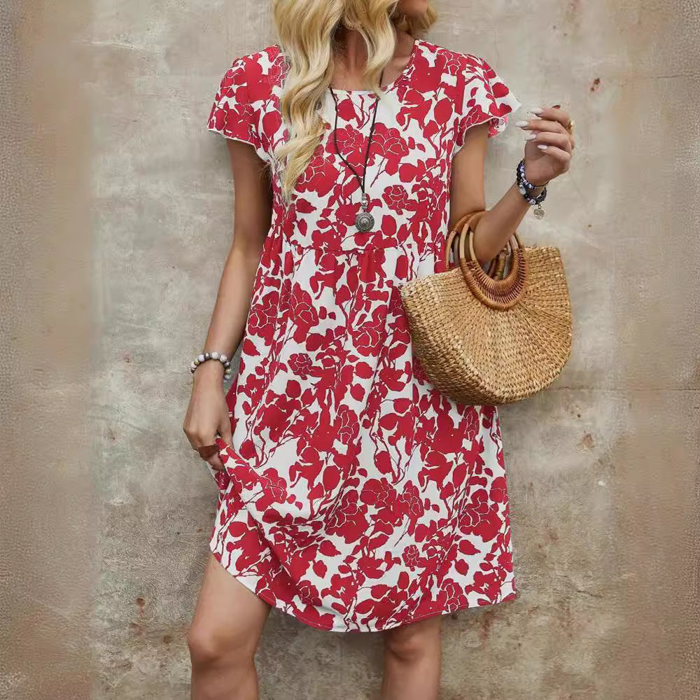 V-neck Ruffle Printed Dress Women