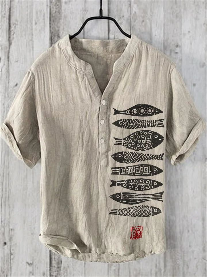 Retro Personalized Printed Casual Short-sleeved Linen Shirt Men's Loose Comfortable Shirt