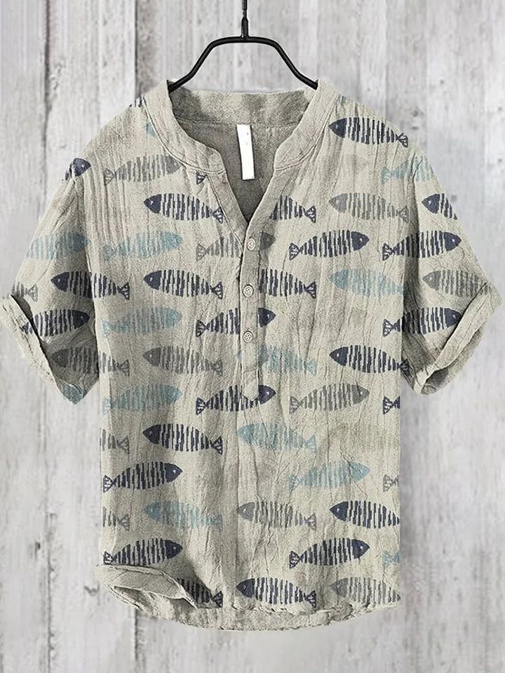 Retro Personalized Printed Casual Short-sleeved Linen Shirt Men's Loose Comfortable Shirt